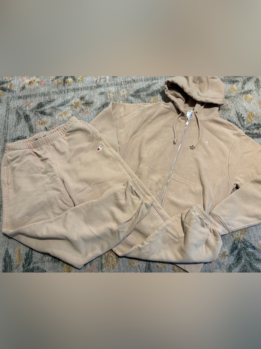 Champion Reverse Weave brown beige set small medium sweatpants zip hoodie